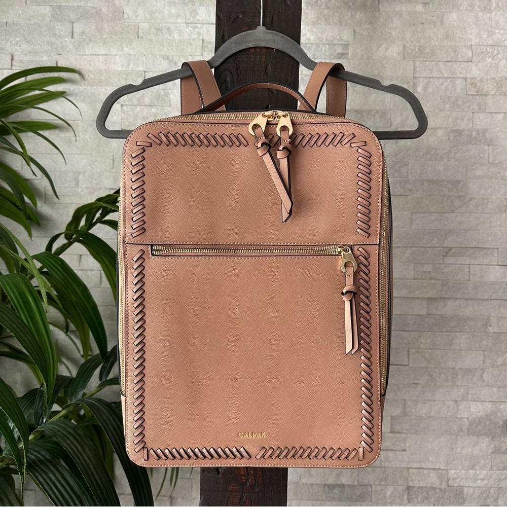 Calpak “Kaya” 15 inch Faux Leather Travel Laptop Backpack in Tan Caramel New